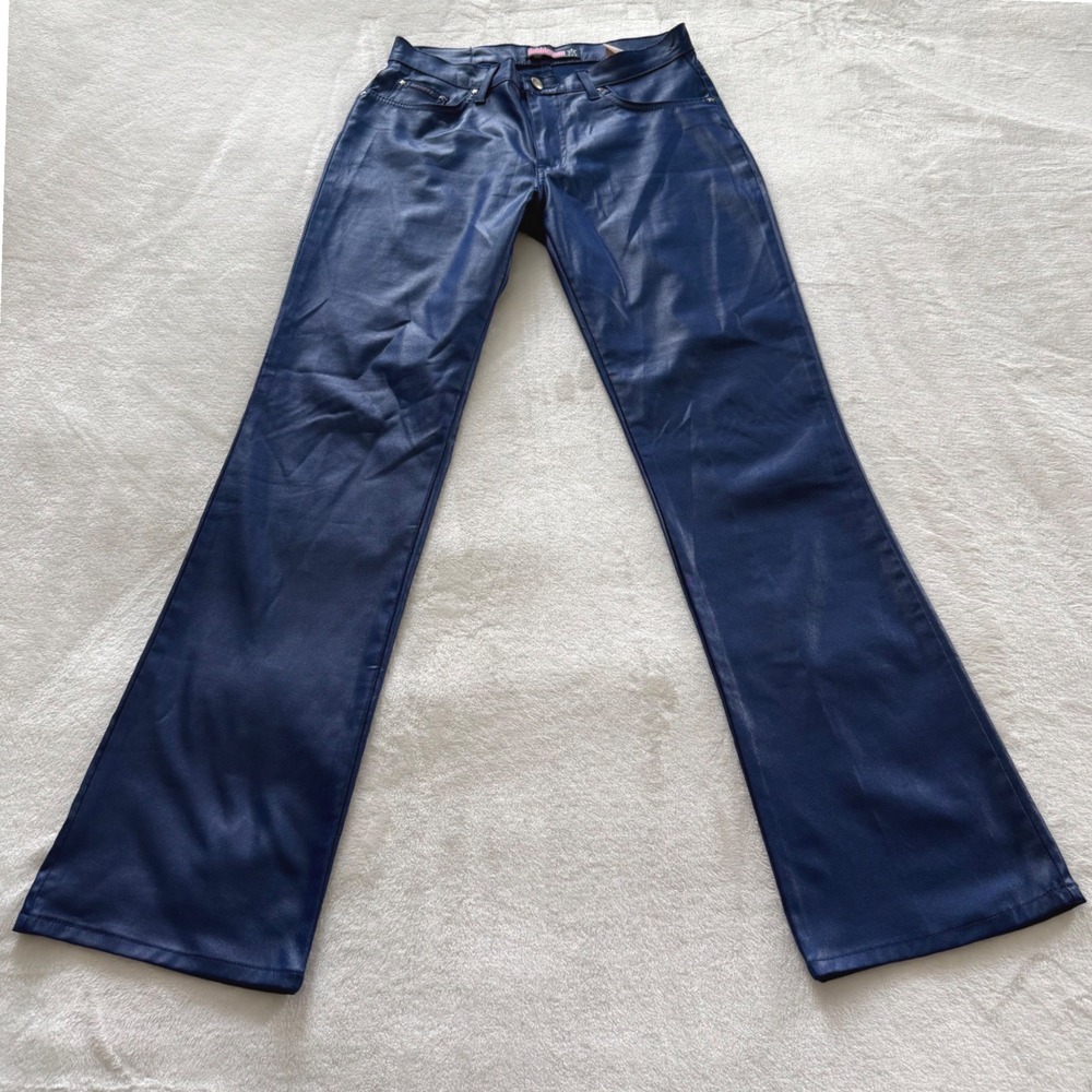 Bubblegum USA Coated Pants Womens 7/8 Navy Blue Metallic Y2K Low Rise Star Rivet